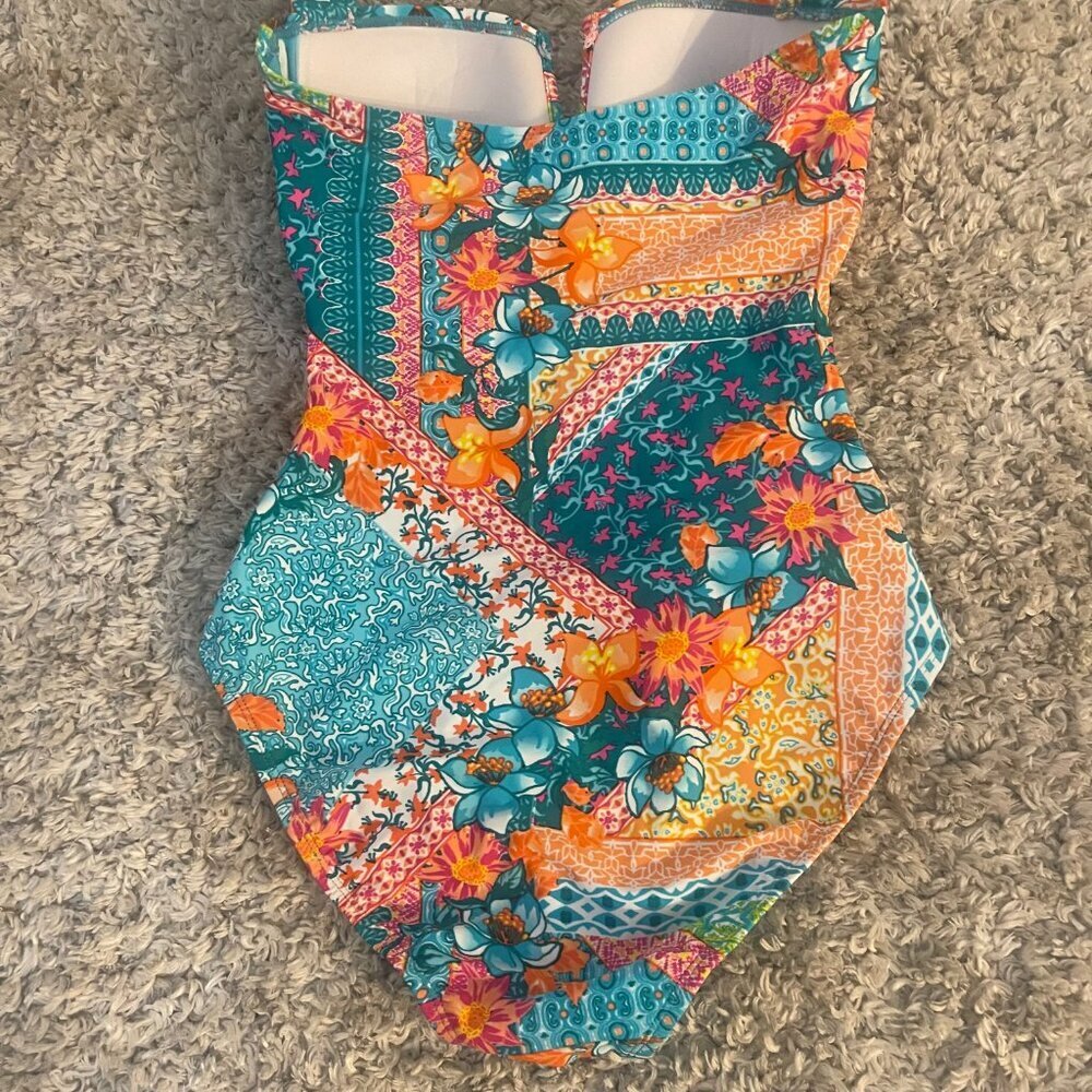 Into the Bleu Tropical Floral Ruched Halter One Piece Swimsuit Size 10 NWOT - Picture 4 of 8
